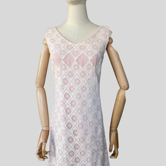 Vintage 60s Dress Spiderweb Lace White Pink Weddi… - image 3