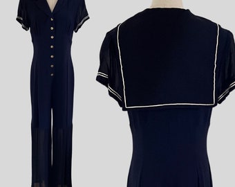 Vintage 90s Jumpsuit Dorothy Schoelen Platinum Nautical Navy Blue