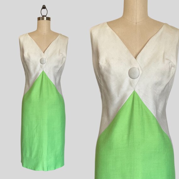 Vintage 60s Bright Green White Colorblock Dress S… - image 1