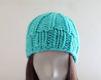 Hand knitted beanie, aqua bulky wool - for teenager or adult