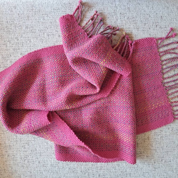 Celebration of Colors: Artisanal Hand-Woven Scarf in Vibrant Pink, Blue, Green, and Yellow