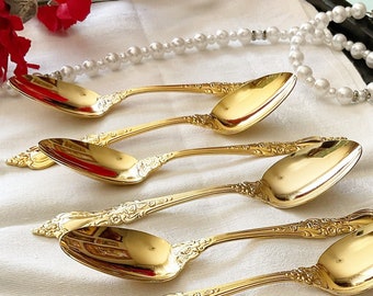 Vintage Gold Electroplate Stainless Floral Teaspoon, by Northcraft Japan, set of 8