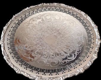 Antique Footed Silver Plated Round Serving Tray, Circa 1920