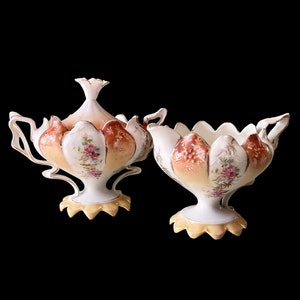 RS Prussia Creamer and Sugar Set, Brown And White Tones With Floral Decor