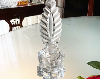 Pressed Glass Cologne Bottle with Feather Stopper, LE Smith Glass Co, Circa 1950