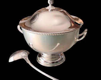 Antique Yore Plate England Silver-Plated Soup Tureen with Ladle, Circa 1920