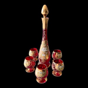 Murano Art Glass Decanter Set – Ruby Red & Gold Gilded, Hand Painted Floral Enamel