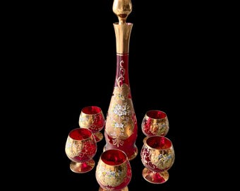 Murano Art Glass Decanter Set – Ruby Red & Gold Gilded, Hand Painted Floral Enamel