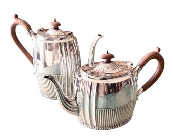 Silver Plated Tea & Coffee Pot Set – Fluted Design, Wood Handles, Sheffield Reproduction