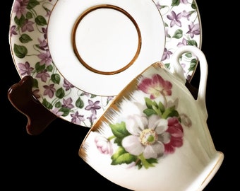 Mismatched Teacup and Saucer Set in a Pretty Lavender Floral Design