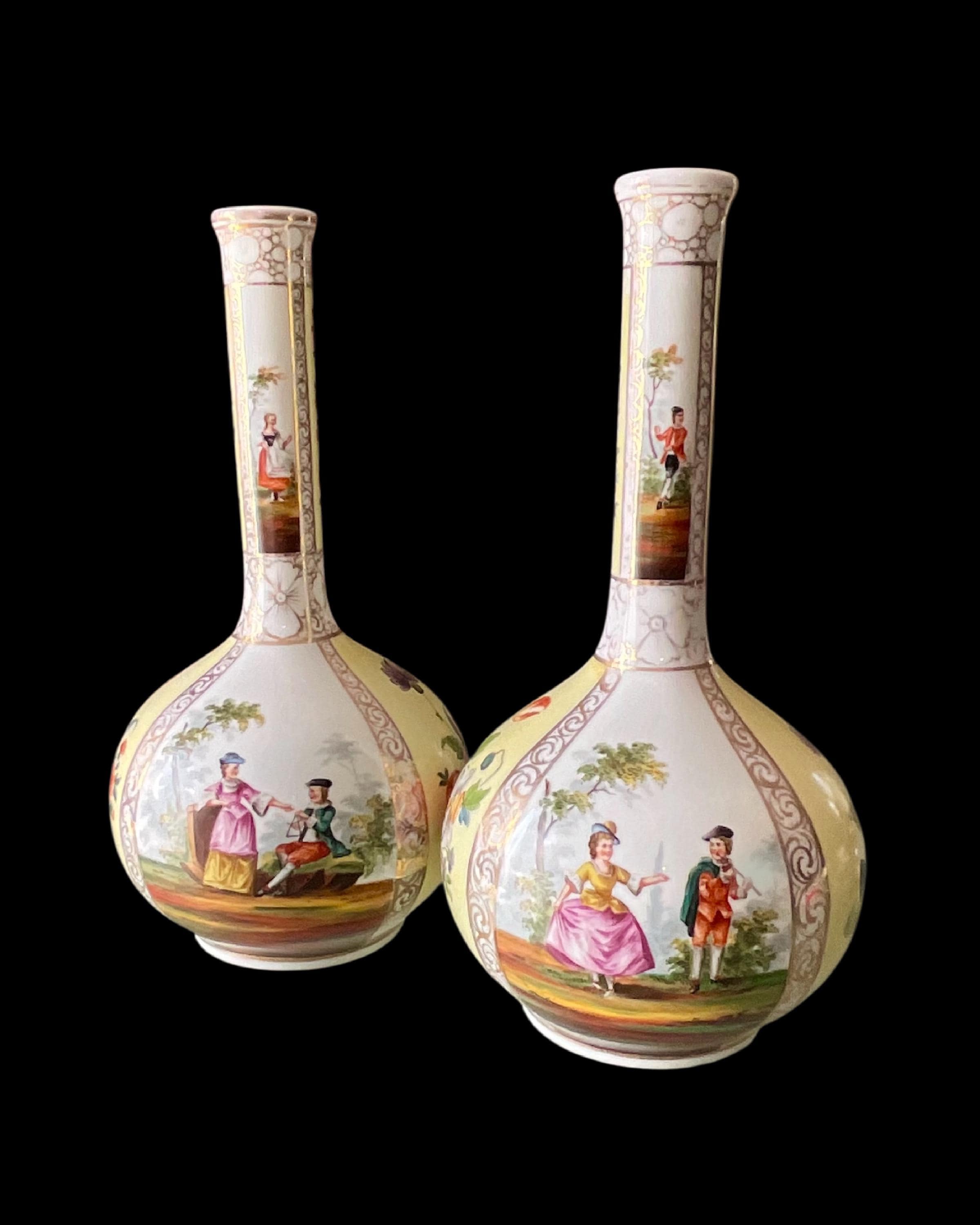 Exquisite Pair of Antique Helena Wolfsohn Hand-painted Vases