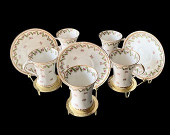 Antique Limoges Chocolate Cups, Pink Rose Garland, Set of 5 Cups & Saucers, Circa 1890