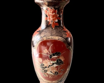 Antique Chinese Oriental Vase, Hand Painted Floral Motif, Black, Red & Gold Decorative Porcelain Vase