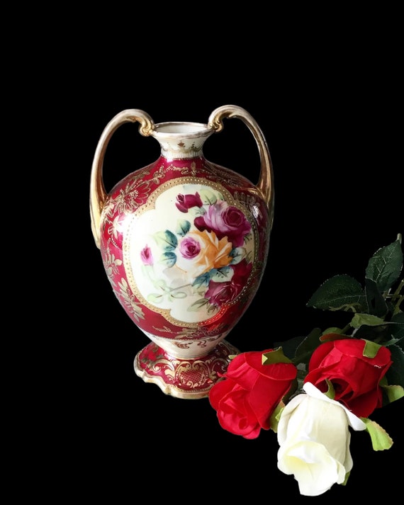 Antique 19th Century Unmarked Nippon Pedestal Vase with Two Handles