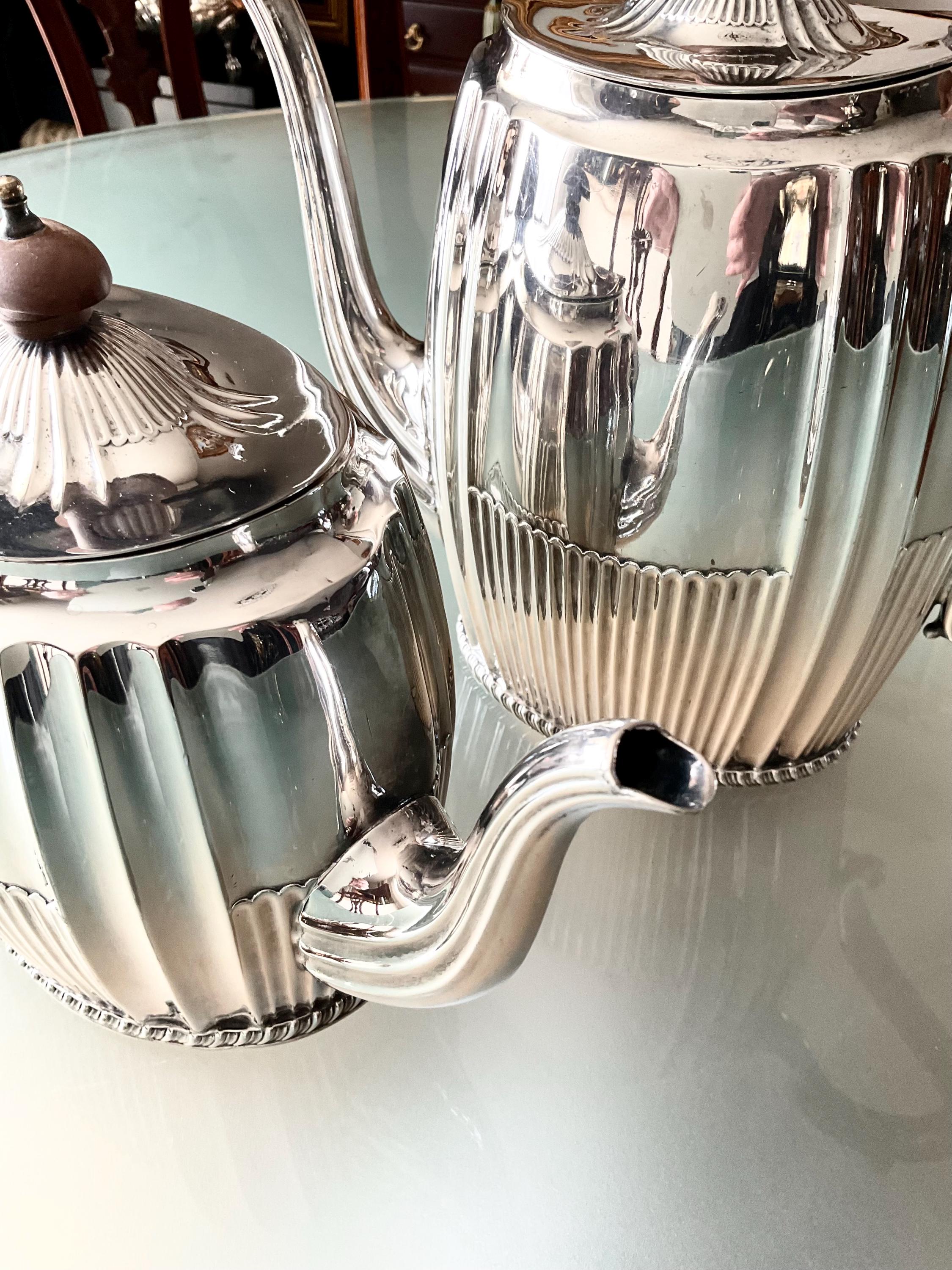 Silver Plated Tea & Coffee Pot Set – Fluted Design, Wood Handles ...