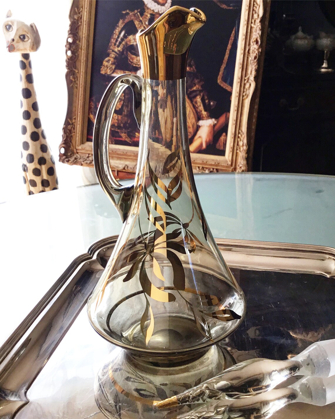 Vintage Bohemia Smoked Glass Decanter Set Silver tray NOT Etsy