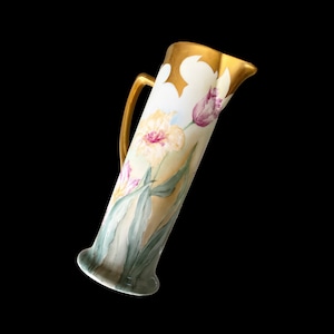 Antique Limoges Tankard: Jean Pouyat Hand-Painted Floral Decor, Gold Trim (1890-1902)