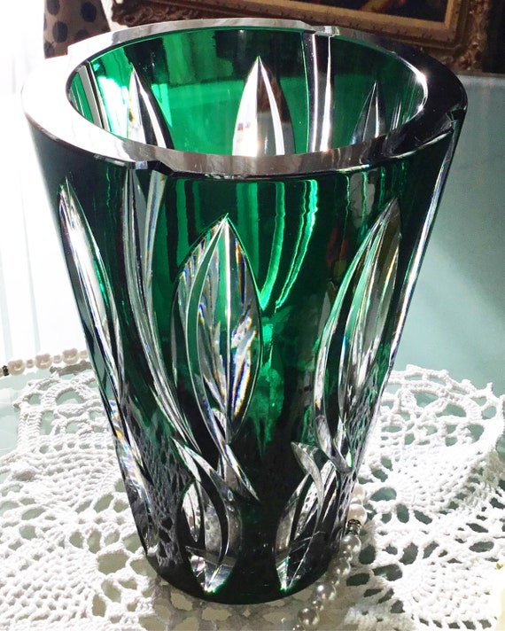 Val St-lambert Crystal Flowers Vase Emerald Green Cut to - Etsy Hong Kong