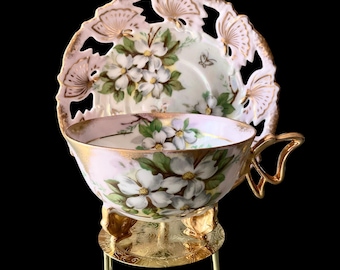 Vintage 3-Footed Teacup, Castle China Japan with Pierced Saucer