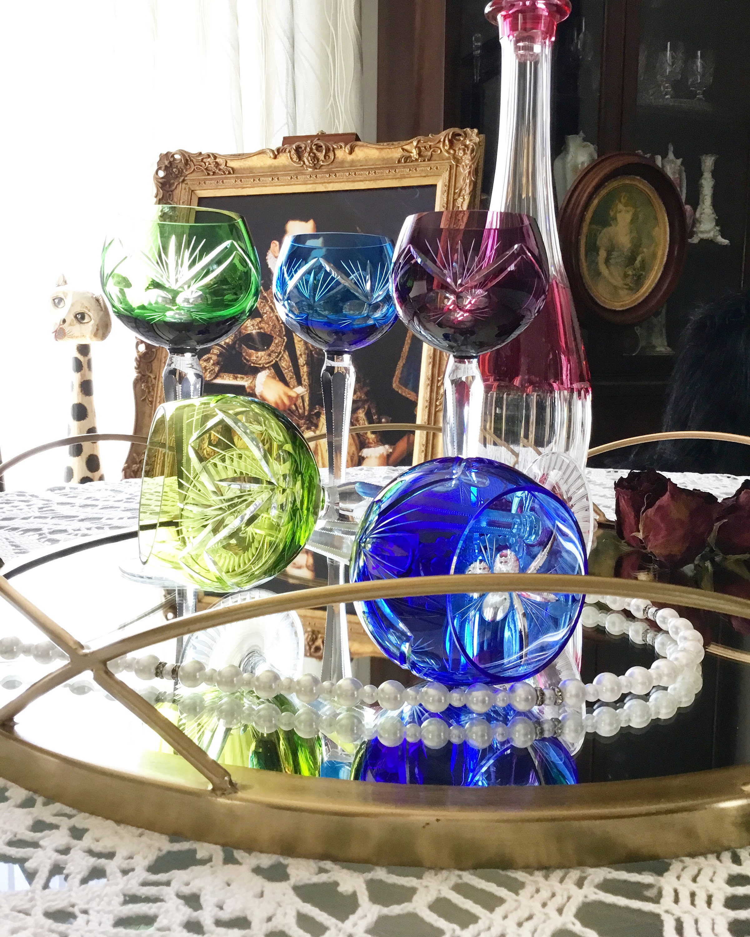 Bohemian Czech Wine Hock Glasses, Cut to Clear, Set of 5
