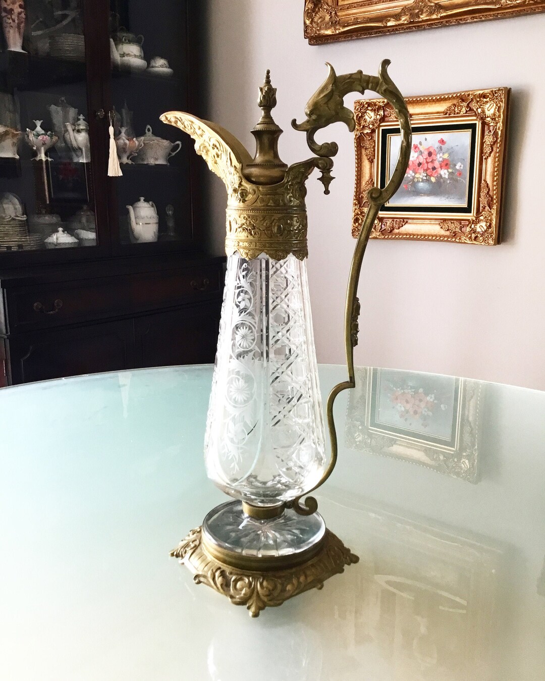 Antique Pedestal Glass Ewer With Brass Fitting, 19th Century Etsy