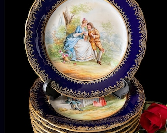 Rare Ambrosius Lamm Dinner Plates (Set of 8): Hand-Painted Courting Scenes, 1887-1915