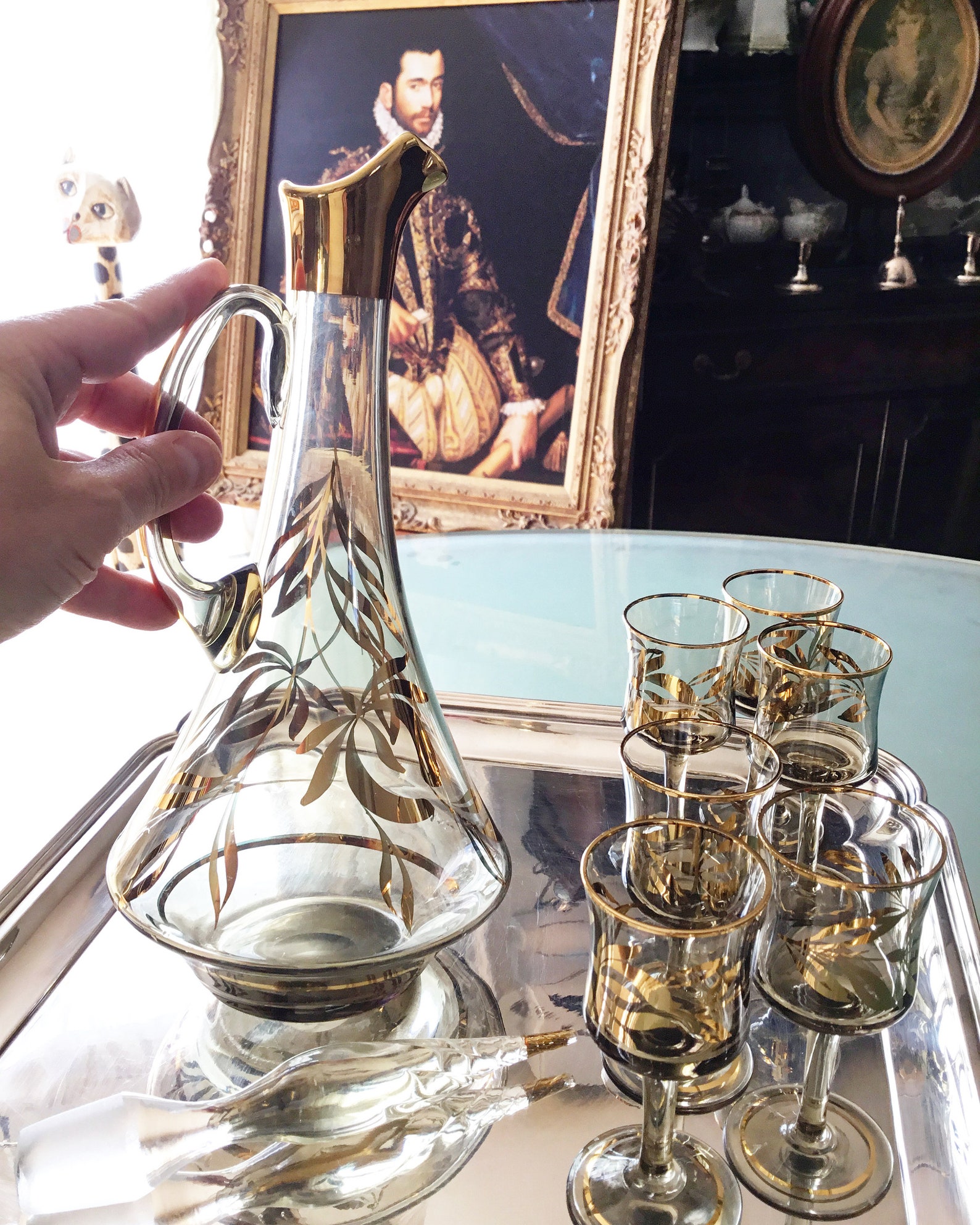 Vintage Bohemia Smoked Glass Decanter Set Silver tray NOT Etsy