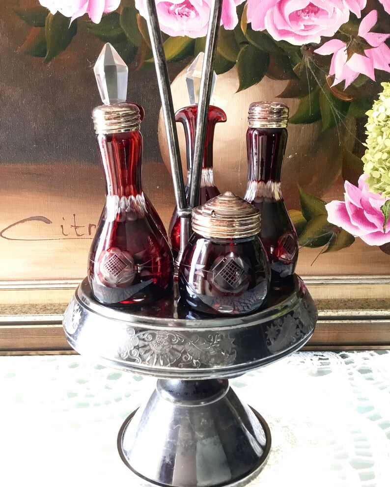 Antique Victorian Cruet Condiment Castor Set Ruby Red Glass Etsy