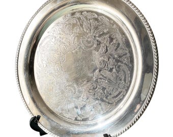 Antique Silver Plated Round Serving Tray with Ornate Etched Design