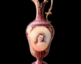 Pedestal Ewer, Royal Saxe Germany, Medallion Portrait, Circa 1890–1900