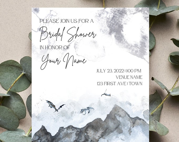 Fantasy Bridal Shower Invitation | Canva Template Dragon Wyvern Mountain Bridal Shower Invite