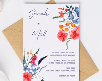Floral Wedding Invitation | Watercolor Floral Canva Template Wedding Invitation