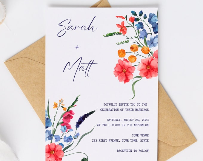 Floral Wedding Invitation | Watercolor Floral Canva Template Wedding Invitation