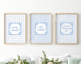 Pride and Prejudice Digital Print Set | Barely Tolerable | Most Ardently | Obstinate Headstrong Girl | Pride and Prejudice Art