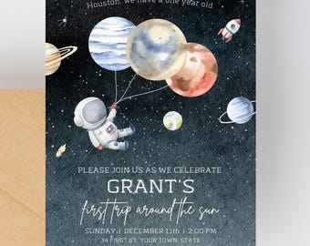 First Trip Around the Sun Birthday Invitation | 1st Birthday Canva Template Invite | 1st Trip Around the Sun | Space 1st Birthday