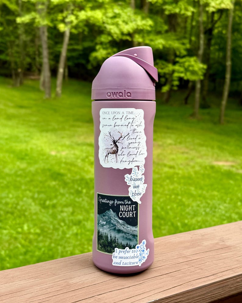 K&ouml;nnte beinhalten: Eine mauvefarbene Owala-Trinkflasche mit Klappdeckel. Die Flasche ist mit Aufklebern mit Text und Illustrationen verziert, darunter ein Hirsch, eine Berglandschaft und S&auml;tze wie "Greetings from the Night Court."