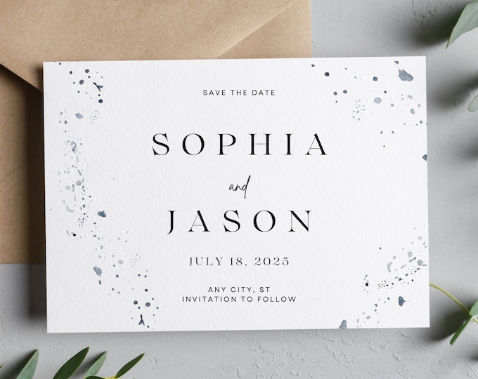 Watercolor Paint Splatter Save The Date | Canva Template Wedding Save The Date