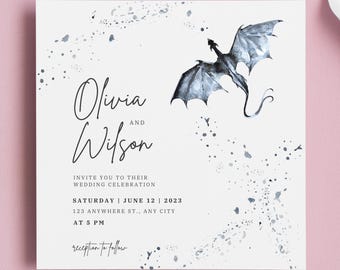 Watercolor Dragon Square Wedding Invitation | Fantasy Wedding Invite | Customizable Printable | Unique Dragon Themed Wedding Stationery