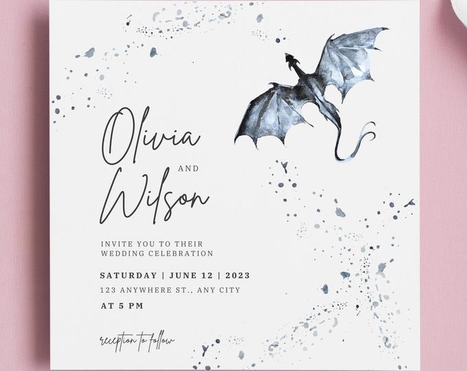 Watercolor Dragon Square Wedding Invitation | Fantasy Wedding Invite | Customizable Printable | Unique Dragon Themed Wedding Stationery