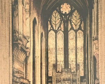 Decorative Wall Hanging, Edward Sharland, Liverpool Cathedral, Interior View, Cathedral Architecture, Hand Tinted, Signed Vintage, Framed