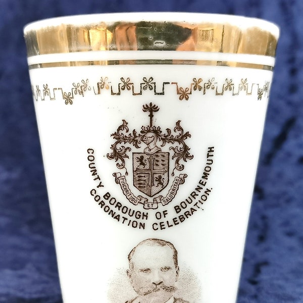 Rare Commemorative, Antique Beaker, 1902 Coronation, Edward VII, Queen Alexandra, Bournemouth Celebration, Frost Mayor, Historical Beaker