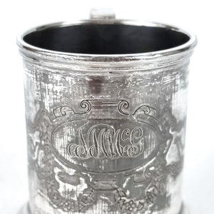 Worn Silver Plate, Small Child&#39;s Cup, Christening Mug, Putti and Lion, Floral Garlands, Victorian Gift, Distressed Look, Cottage Chic, Style