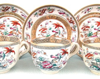 Stunning Antique Set of Duos, Cups and Saucers, Mid 19th Century, Hand Decorated, Indian Tree, Exotic Bird, Afternoon Tea, Three Duos, Set