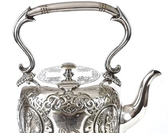 At Fault, Antique Spirit Kettle, Tea Kettle on Stand, Walker and Hall, Worn Silver Plate, Figural Design, Victorian Feature, Unusual Pattern