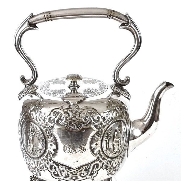 At Fault, Antique Spirit Kettle, Tea Kettle on Stand, Walker and Hall, Worn Silver Plate, Figural Design, Victorian Feature, Unusual Pattern