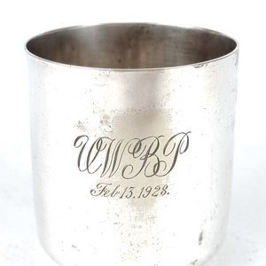 Worn Silver Plate, Small Child&#39;s Cup, Christening Mug, Art Deco, Presentation Piece, Traditional Gift, Initialed Front, Small Pencil Pot