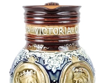 Antique Commemorative, Stoneware Jug, Doulton Lambeth, Blue and Brown, Queen Victoria, 1897 Jubilee, Double Portrait, Traditional Antique