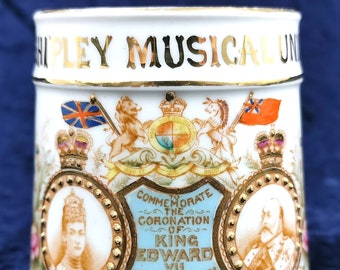 Rare Historical Mug, Edward VII and Alexandra, 1902 Coronation, Shipley, William Lowe, Striking Antique, Shipley Musical Union, History