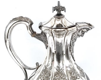 Striking Antique, Claret Jug, Wine Ewer, Worn Silver Plate, Green Man, Bearded Mask, Floral Tableware, Victorian Gothic, Footed Server, Rare