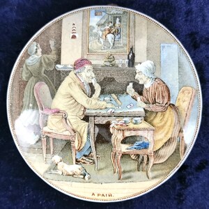 Tapa de olla antigua rara, Prattware antiguo, un par, pareja de ancianos, juego de cartas, decoración de pared, tapa tradicional, abuela y abuelo, único
